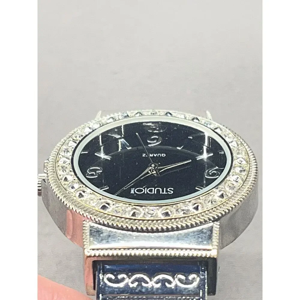 Studio 1 Women’s Rhinestone Bezel Black Dial Cuff Watch AS IS Needs Battery